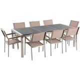 Tuinset tafel en 8 stoelen beige RVS textiel zwart gebrand graniet driedelig tafelblad houtlook armleuningen