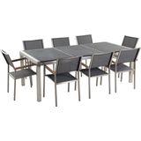 Tuinset tafel en 8 stoelen grijs RVS textiel zwart gebrand graniet driedelig tafelblad houtlook armleuningen