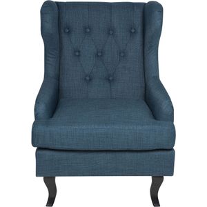Wingback stoel donkerblauw gestoffeerd zwarte poten scandinavische stijl