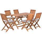 Tuinset lichtbruin acaciahout set van 6 stoelen en tafel opklapbaar grijze kussen 140 x 75 cm