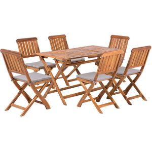 Tuinset lichtbruin acaciahout set van 6 stoelen en tafel opklapbaar grijze kussen 140 x 75 cm