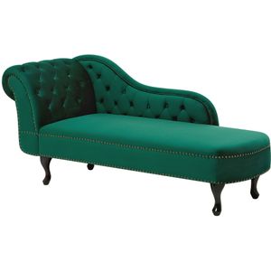 Beliani NIMES - Chaise longue Groen Fluweel: Tijdloze Recamiere met Vloeiende Vormen | Chesterfield-patroon | 170x79x61 cm | 100% Polyester