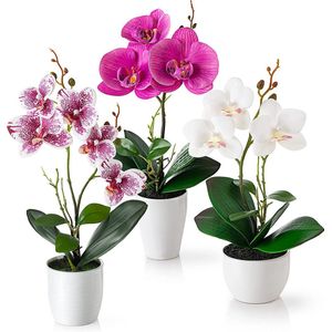 Kunstbloemen - Orchideeën - Set van 3 - Hoogglans Keramische Potten - Wit-Roze