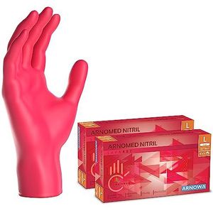 ARNOMED wegwerphandschoenen rood, wegwerphandschoenen L, nitril handschoenen met 200 stuks per doos, poedervrij, latexvrije rubber handschoenen, verkrijgbaar in S, M, L & XL
