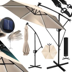 KESSER® Zweefparasol met LED Solar Verlichting en voet 350cm x 350cm - Parasol 360° Draaibaar Incl. Beschermhoes Tuinparasol Zonne-energie - Beige Ø 3,5m