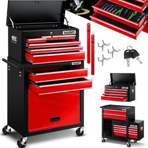 MASKO® Werkplaatswagen incl. koffer - 9 vakken Afsluitbaar Massief metaal, gereedschapswagen zonder gereedschap, wagen voor het opbergen van gereedschap met slot - Rood