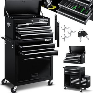 MASKO® Werkplaatswagen incl. koffer, afsluitbaar, massief metaal, professionele mobiele gereedschapswagen zonder gereedschap, rolwagen voor het opbergen van gereedschap, met slot, 9 vakken, Zwart