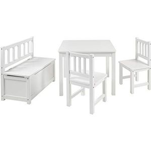 BOMI® kindertafel met 2 stoelen en geïntegreerde speelgoedkist | Kinderzitbank met kist van massief grenenhout | Kinderzitgroep voor kleine kinderen, meisjes en jongetjes, in wit