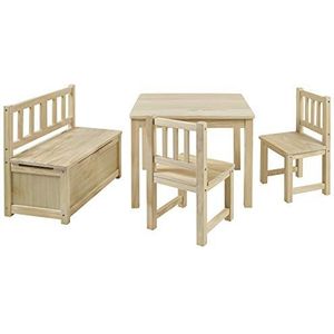 BOMI® kindertafel met 2 stoelen en speelgoedkist | Kinderzitbank met kist van massief grenen voor kinderen | Kinderzitgroep onbehandeld, voor meisjes en jongetjes