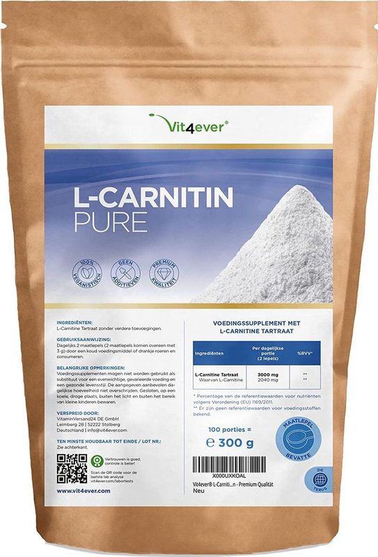 L-Carnitine Puur - 300 g puur poeder zonder toevoegingen - 100% L-Carnitine Tartraat - 100 porties met 3000 mg Carnitine Poeder - Veganistisch - Hoge Dosis