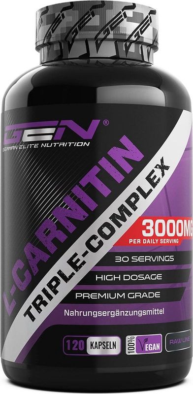 L-Carnitine Triple Complex - 3000 mg per dagelijkse portie - Premium: Complex van acetyl-l-carnitine, L-Carnitinetartraat & Carnitinefumaraat - 120 Capsules - Hoge Dosis - Veganistisch