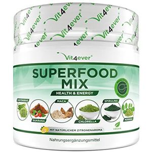 Combinatie van Superfoods - 420 g poeder (shake) met gerstegras, guarana, maca, chlorella, spirulina, moringa - 100% natuurlijke power smoothie - met citroenaroma - veganistisch