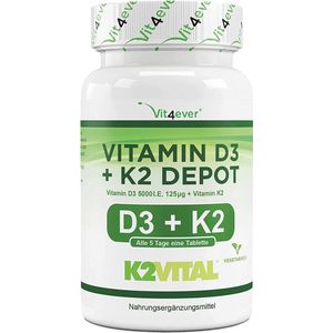 Vitamine D3 + K2 Depot - 180 tabletten - Hoogwaardige grondstof: 99,7+% All-Trans (K2VITAL® by Kappa) - Met 5000 I.U. vitamine D3 per tablet - Hooggedoseerd