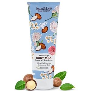 Jean & Len Rijke bodymilk met sheaboter, verzorgt de droge huid intensief en is huidvriendelijk, zonder parabenen siliconen, minerale olie en microplastic, veganistisch, 250 ml