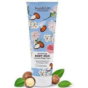 Jean & Len Rijke bodymilk met sheaboter, voor droge huid, verzorgt de droge huid intensief en is huidvriendelijk, zonder parabenen, siliconen, minerale olie en microplastic, vegan, 250 ml