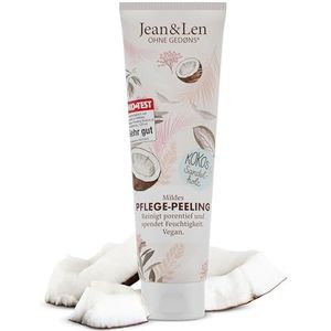 Jean & Len Romige douchecrub kokos & sandelhout, reinigt diep in de poriën en voedt de huid, met natuurlijke zandparels, body scrub, zonder parabenen en siliconen, veganistisch, 125 ml