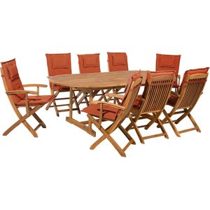 Tuinset tafel set van 8 stoelen rood/acaciahout opklapbaar kussens