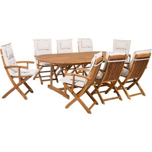Tuinset tafel set van 8 stoelen wit/acaciahout opklapbaar kussens