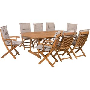 Tuinset tafel set van 8 stoelen grijs/beige/acaciahout opklapbaar kussens