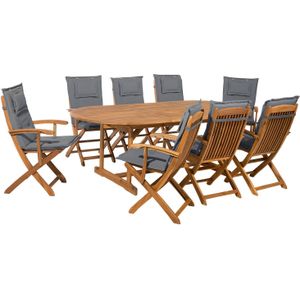 Tuinset tafel set van 8 stoelen grijs/acaciahout opklapbaar kussens