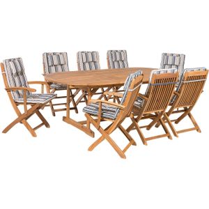 Tuinset tafel set van 8 stoelen donkerblauw/beige/acaciahout opklapbaar kussens
