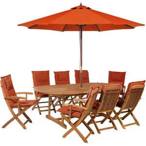 Tuinset tafel set van 8 stoelen parasol rood/acaciahout opklapbaar kussens