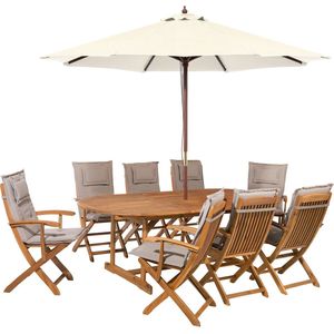 Tuinset tafel set van 8 stoelen parasol taupe/acaciahout opklapbaar kussens