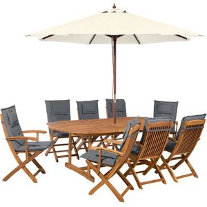 Tuinset tafel set van 8 stoelen parasol grijs/wit/acaciahout opklapbaar kussens