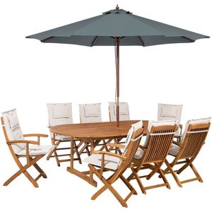 Tuinset tafel set van 8 stoelen parasol off-white acaciahout opklapbaar kussens