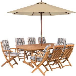 Tuinset tafel set van 8 stoelen parasol beige/blauw/acaciahout opklapbaar kussens