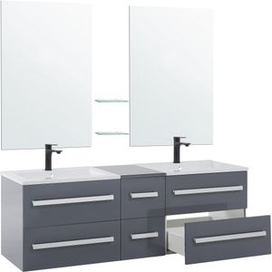 Badkamermeubel grijs/wit/zilver MDF SMC zwevende ladekasten dubbele wasbak twee spiegels modern