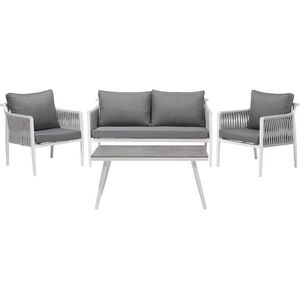 Tuinset tweezitsbank 2 fauteuils koffietafel wit/grijs aluminium 4-zits kussens