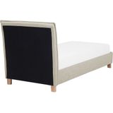 Bedframe beige gestoffeerd houten poten 90 x 200 cm eenpersoons lattenbodem hoofdbord minimalistisch Scandinavische