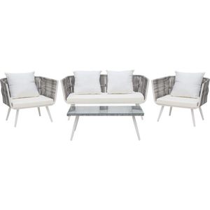 Tuinset tweezitsbank 2 fauteuils salontafel wit wicker staal glazen tafelblad
