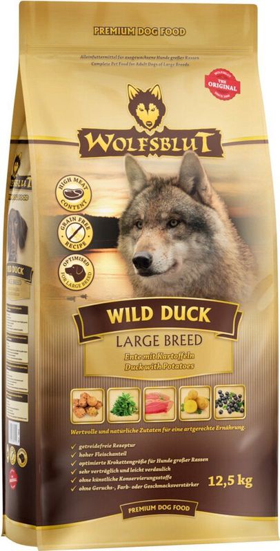 WOLFSBLUT Wild Duck Large Breed Ente mit Kartoffeln Hundetrockenfutter 12,5 Kilogramm