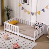 ecoMI Kinderbed, inclusief valbescherming en lattenbodem, 80 x 160 cm, Montessori vloerbed, massief grenenhout, ledikant, eenpersoonsbed, wit, 80 x 160 cm