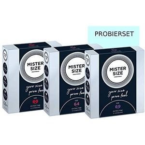 MISTER SIZE - Pure Feel: Feelgood Condooms Gevoelsechte Anticonceptie (Extra Vochtig, Ultra Dun Condoom) - 100% Natuurlijk Rubberlatex in set voor proberen, 60 - 64 - 69 mm jeweil in een Verpakking van 3 Stuks (3x3)