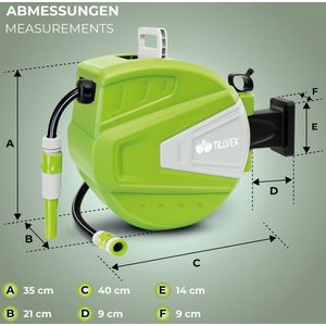 Tillvex- Slanghaspel Groen, 15+2m, met muurbeugel, met handdouche en tuinslang, 180 graden draaibaar, wandmontage met automatisch oprollen