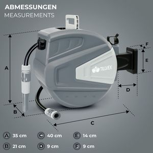 Tillvex- Slanghaspel Grijs, 20+2m, met muurbeugel, met handdouche en tuinslang, 180 graden draaibaar, wandmontage met automatisch oprollen