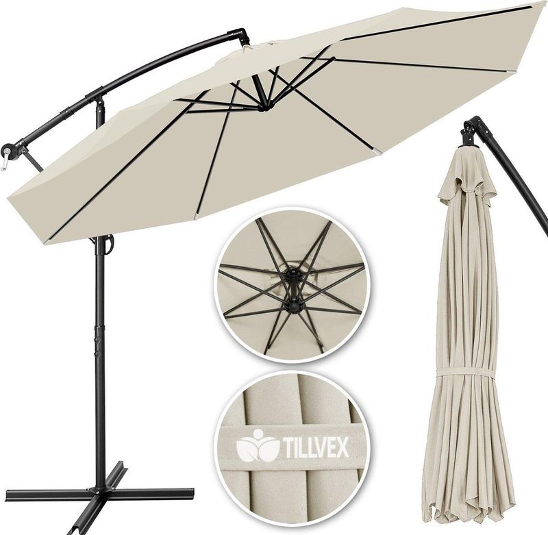 Sonnenschirm Beige ø 300 cm Ampelschirm Gartenschirm Marktschirm Kurbel Balkon Alu Neigbar - Tillvex