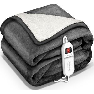 Heizdecke mit Abschaltautomatik 160x120cm Anthrazit Elektrische Wärmedecke mit 9 Temperaturstufen Kuscheldecke waschbar Bett, Sofa Decke elektrisch