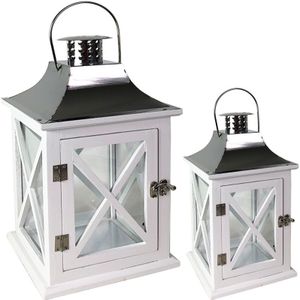 Mojawo Set van 2 XXL lantaarns, tuinlantaarns, stallantaarns, massief hout, windlicht, ca. 18 x 18 x 38 cm + 26 x 26 x 49 cm, wit, met roestvrijstalen dak
