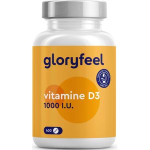 gloryfeel vitamine D tabletten - 1000 I.U. vitamine D3 - 400 tabletten voor meer dan 1 jaar vooraad - Ondersteunt het immuunsysteem, botten en spieren* - 100% puur Cholecalciferol