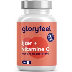 IJzer 40 mg plus 40 mg Natuurlijke Vitamine C (met Sinaasappelsmaak) - Zeer Bio-Beschikbare Premium Grondstoffen: IJzerbisglycinaat (IJzerchelaat) + Acerolapoeder - 180 Veganistische Tabletten