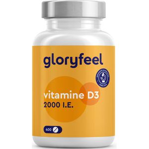 gloryfeel vitamine D tabletten - 2000 I.E. vitamine D3 - 400 tabletten voor meer dan 1 jaar vooraad - Ondersteunt het immuunsysteem, botten en spieren* - 100% puur Cholecalciferol - Geproduceerd in Duitsland