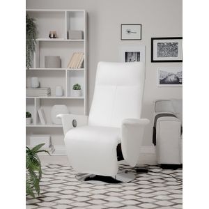 Relaxfauteuil wit kunstleer verstelbaar grijs metalen onderstel pull-out voetenbankje hoge rug minimalistisch modern ontwerp