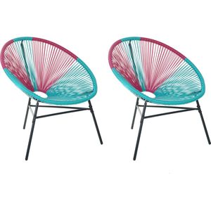 Balkonset roze/blauw wicker en staal set van 2 stoelen modern Mexicaanse stijl balkon terras tuinmeubel