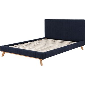 Tweepersoons bed donkerblauw 160 x 200 cm gestoffeerd frame geknoopt hoofdbord