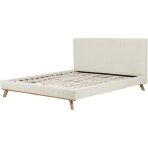 Tweepersoons bed beige 180 x 200 cm gestoffeerd frame geknoopt hoofdbord