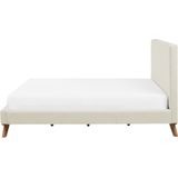 Tweepersoons bed beige 160 x 200 cm gestoffeerd frame geknoopt hoofdbord